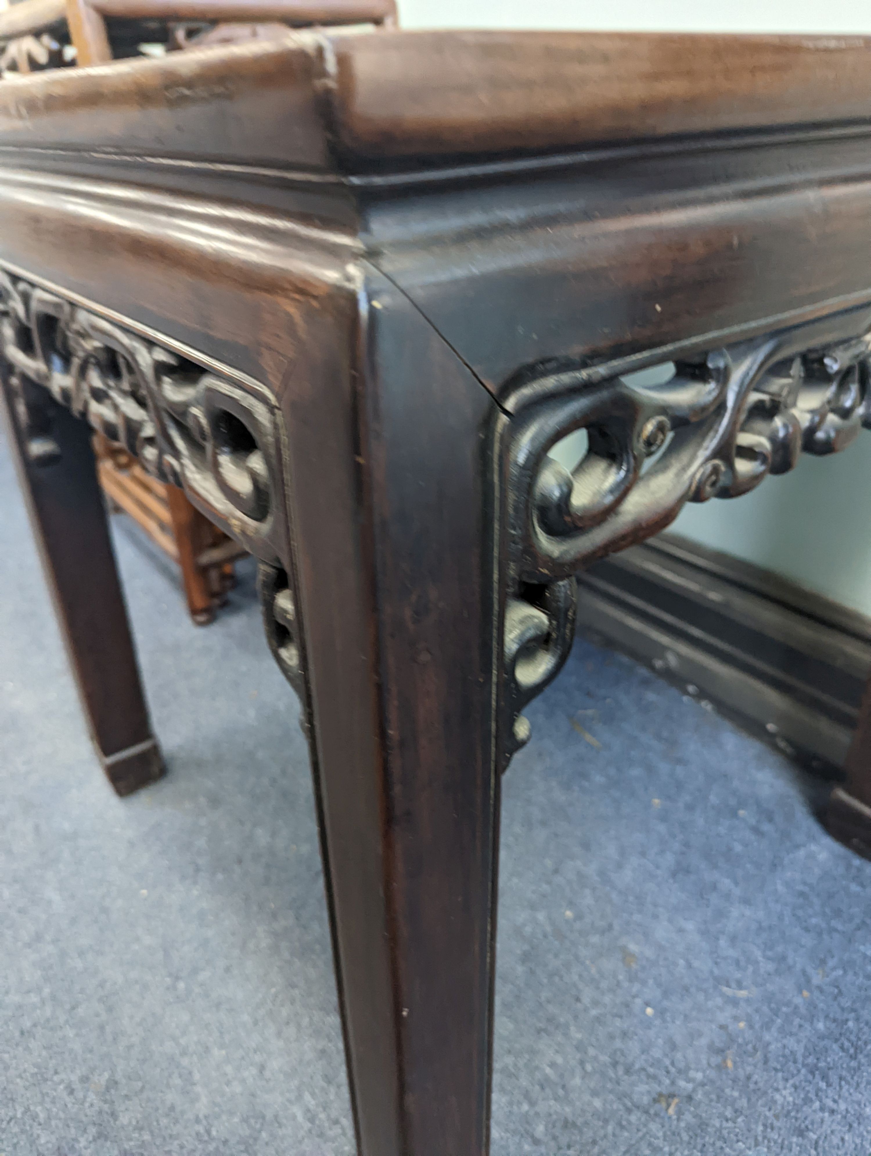 A pair of Chinese hardwood square top tables, 48cm, height 51cm